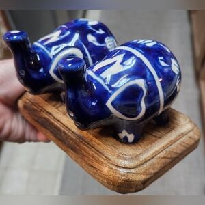 Blue Ceramic Elephant Salt Pepper Shakers on Wooden Base Tray